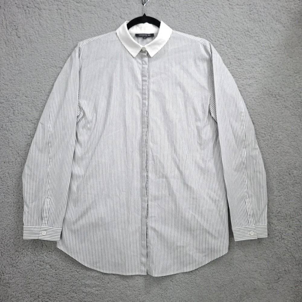 Lafayette 148 Women's Shirt Size M Gray White Stripe Long Sleeve Button Cotton - Picture 2 of 7